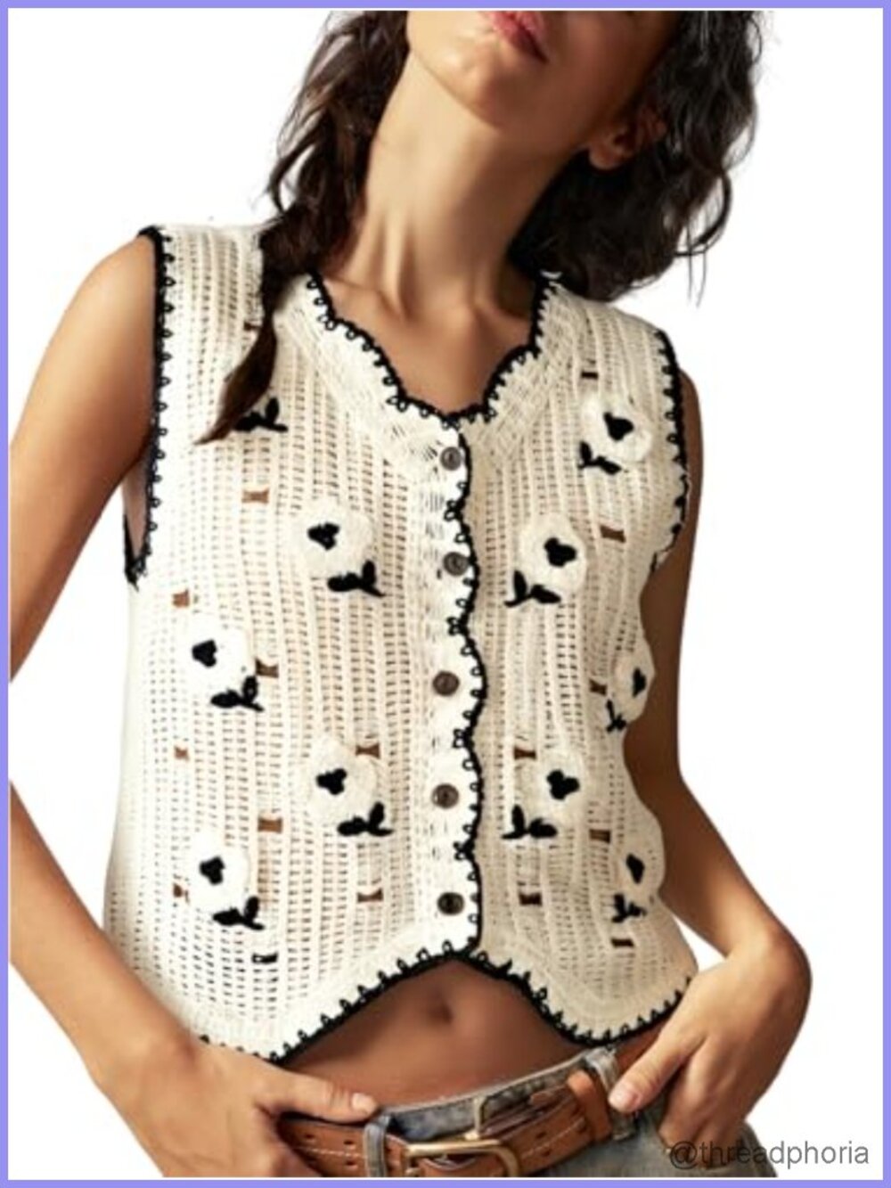 Women's Sleeveless Knit Vest Top, Boho Embroidered Tank, Button Down